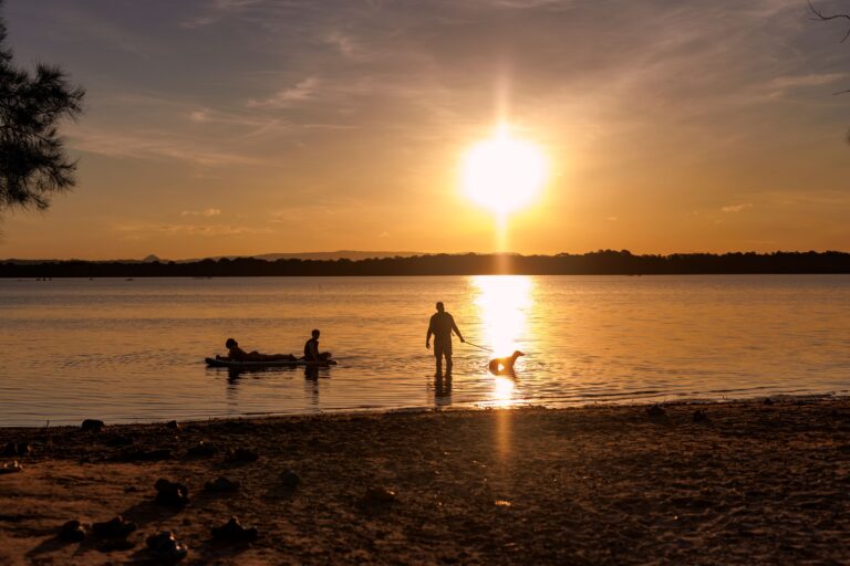 Family and Dog playing on SUP overlooking lake at Sunset